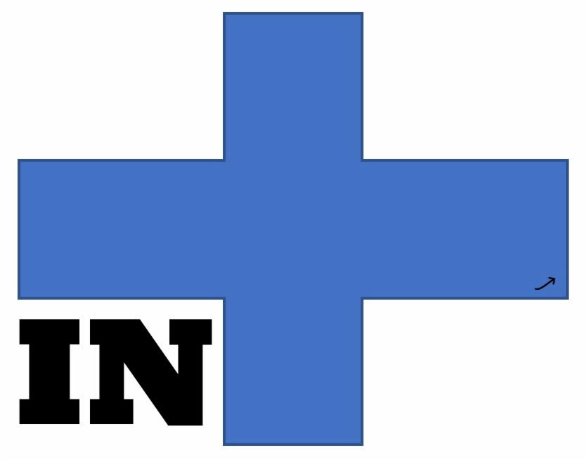 Grafika przedstawia niebieski krzyż z czarnym napisem 'IN' w lewym dolnym rogu, na białym tle.