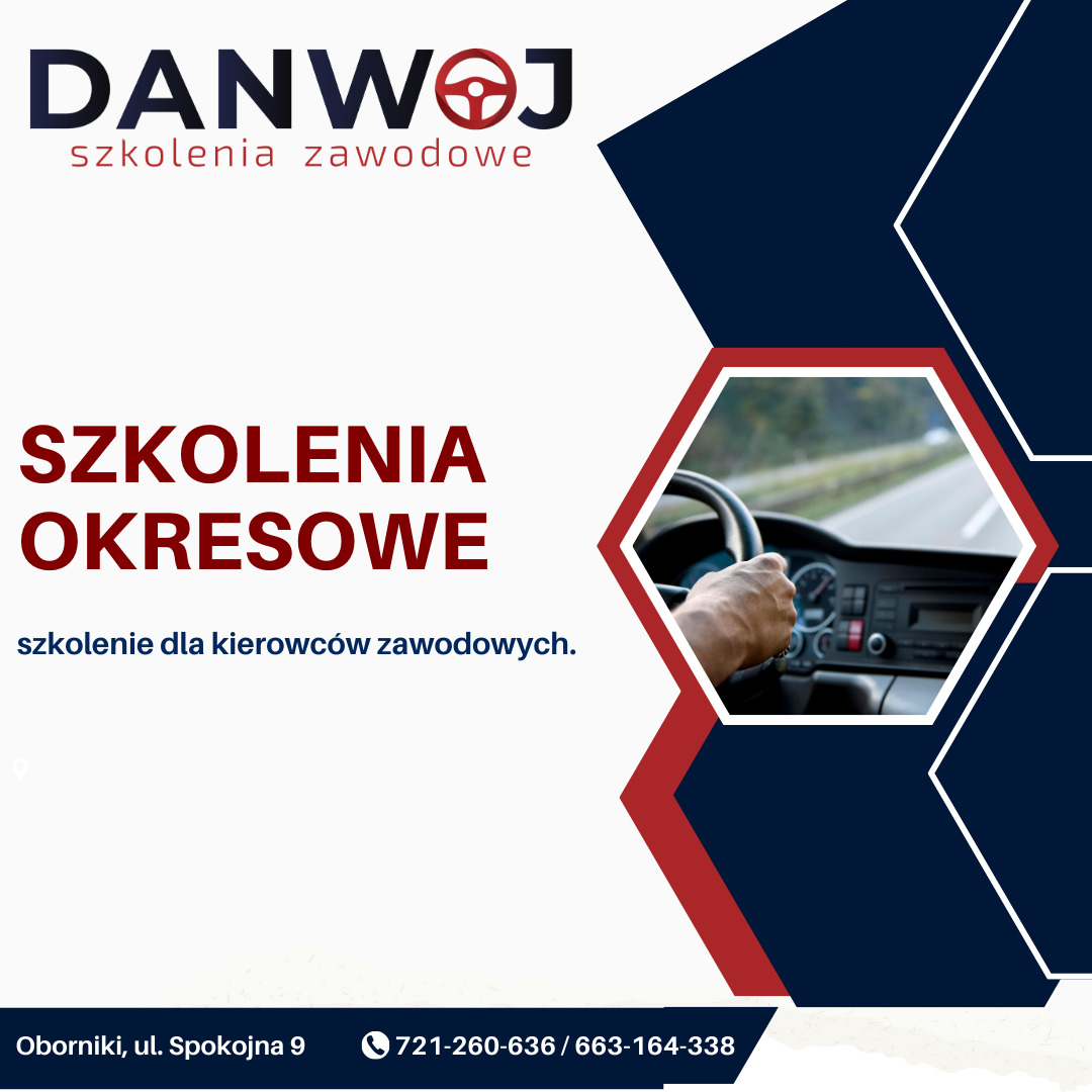 Grafika reklamowa: Szkolenia okresowe dla kierowców zawodowych, dłoń na kierownicy autobusu w czerwonej ramce, dane kontaktowe.