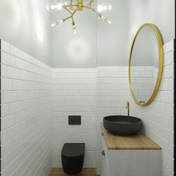 Dekorroom - Wizualizacja małej łazienki z czarną miską WC i umywalką nablatową, białe płytki na ścianach, złote lustro i nowoczesne oświetlenie sufitowe.