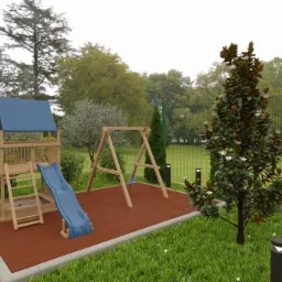 Wizualizacja placu zabaw z drewnianą wieżą z niebieską zjeżdżalnią, huśtawką i nawierzchnią z czerwonej kostki brukowej, otoczonego zielenią i ogrodzeniem z siatki.