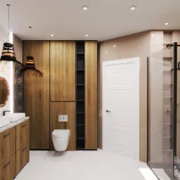 Wizualizacja łazienki z drewnianymi szafkami, umywalką i wiszącą toaletą. Uwagę przyciągają lampy z abażurami z naturalnych materiałów i kabina prysznicowa z czarnymi ramami.