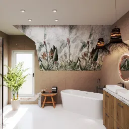 Jasna łazienka z wanną wolnostojącą, drewnianą szafką z umywalkami i egzotyczną tapetą. Oświetlenie punktowe i wiszące lampy z naturalnych materiałów.