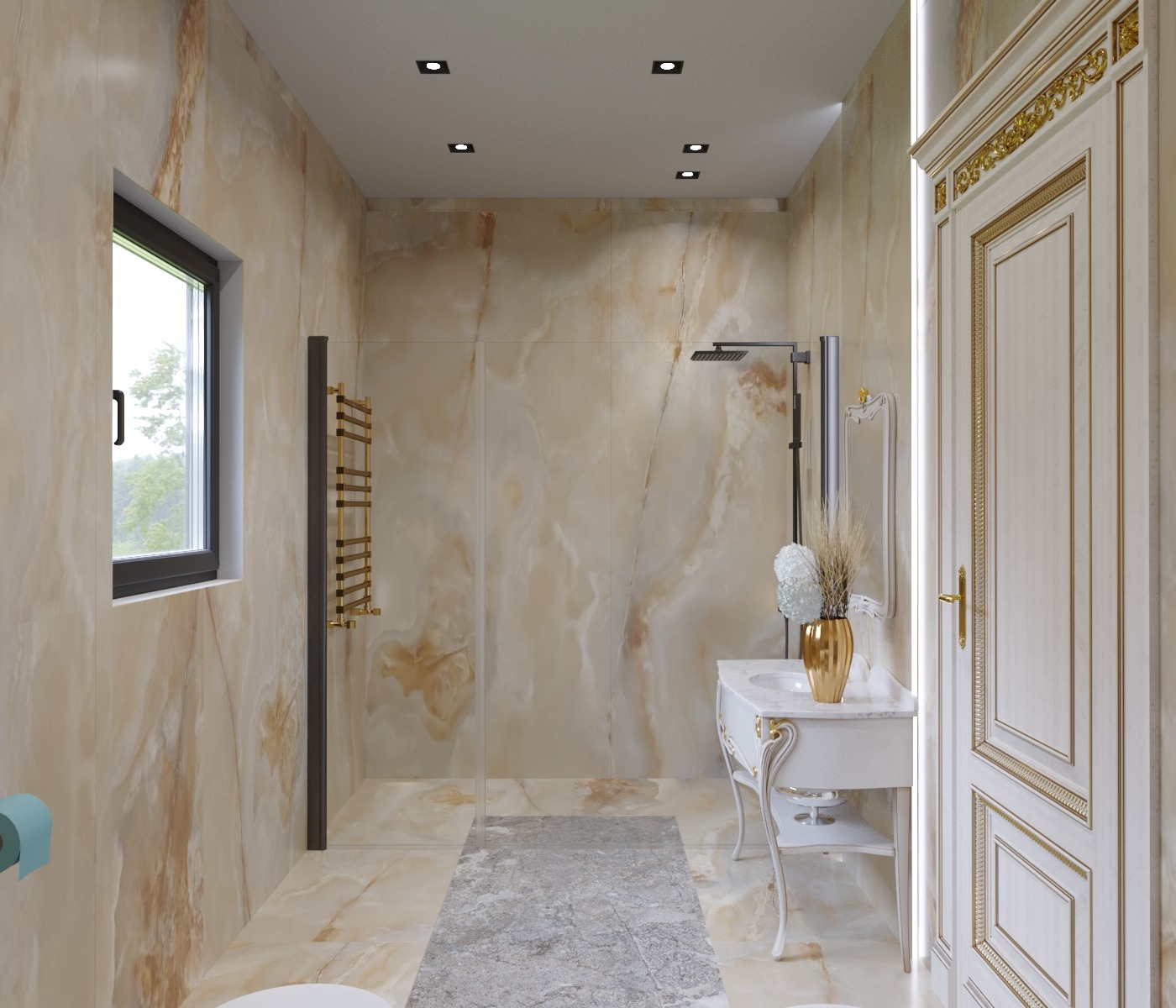 Elegancka łazienka z beżowymi marmurowymi ścianami, kabiną prysznicową typu walk-in, ozdobną umywalką na nóżkach i grzejnikiem drabinkowym, oświetlona punktowo.