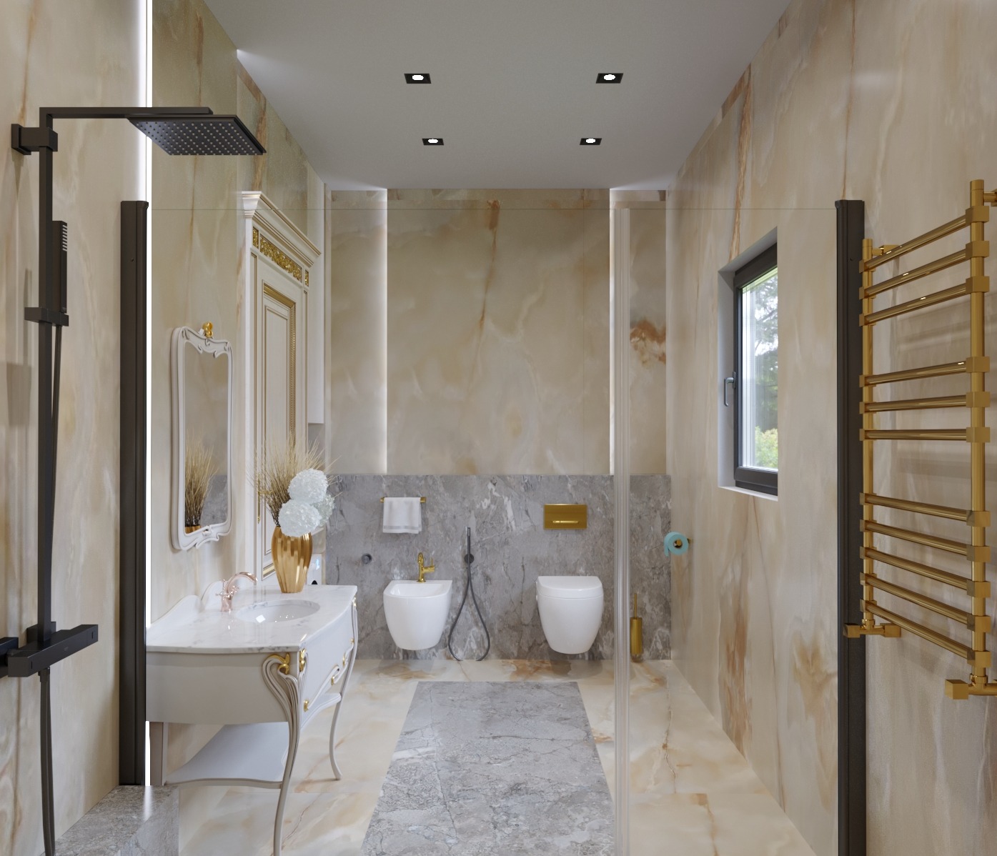 Elegancka łazienka w odcieniach beżu i szarości z marmurowymi ścianami, białą ceramiką, złotymi akcentami i czarną armaturą, oświetlona punktowymi lampami sufitowymi.