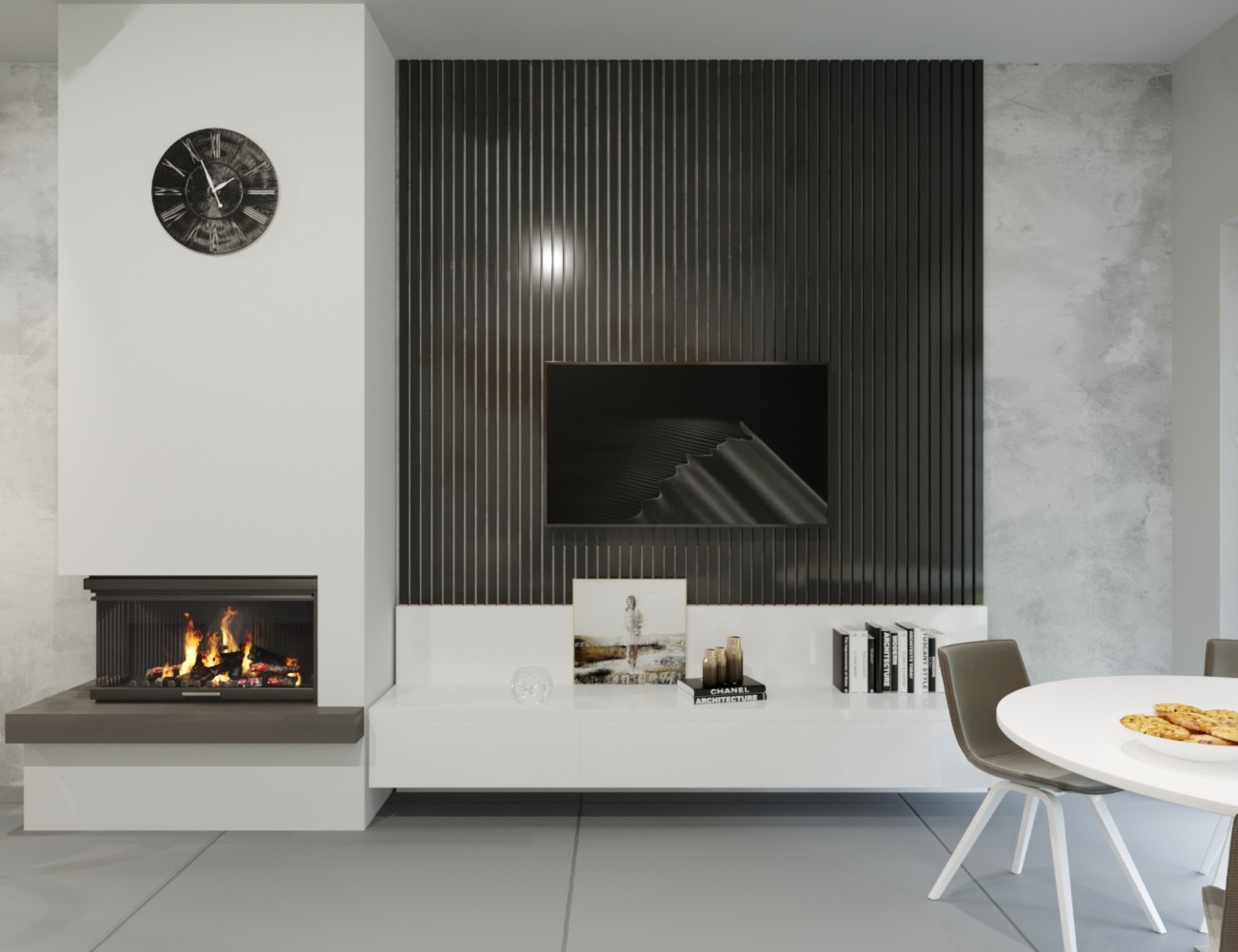 Nowoczesny salon z kominkiem, zegarem na ścianie, panelem dekoracyjnym za telewizorem i minimalistyczną białą szafką RTV z dekoracjami, uzupełniony okrągłym stołem z krzesłami.