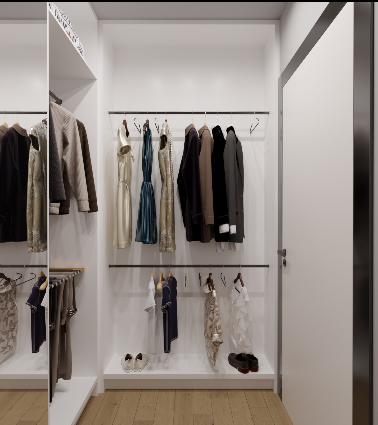 Wnętrze garderoby z ubraniami wiszącymi na wieszakach, oraz butami stojącymi na półce pod nimi, widok na drewnianą podłogę i białe ściany.