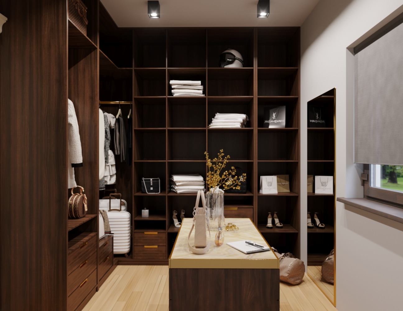 Projekt garderoby z ciemnego drewna z otwartymi półkami, oświetleniem punktowym, torebkami i odzieżą, uzupełniony o lusterko i roletę okienną.