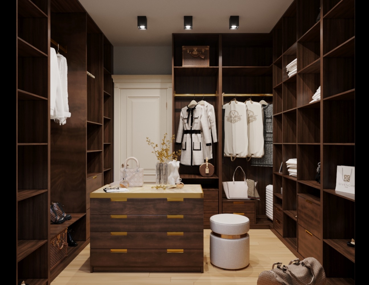 Przestronna garderoba z ciemnego drewna, z wysuwana komodą z jasnym blatem, białym pufem i dekoracjami, oświetlona punktowymi lampami sufitowymi.