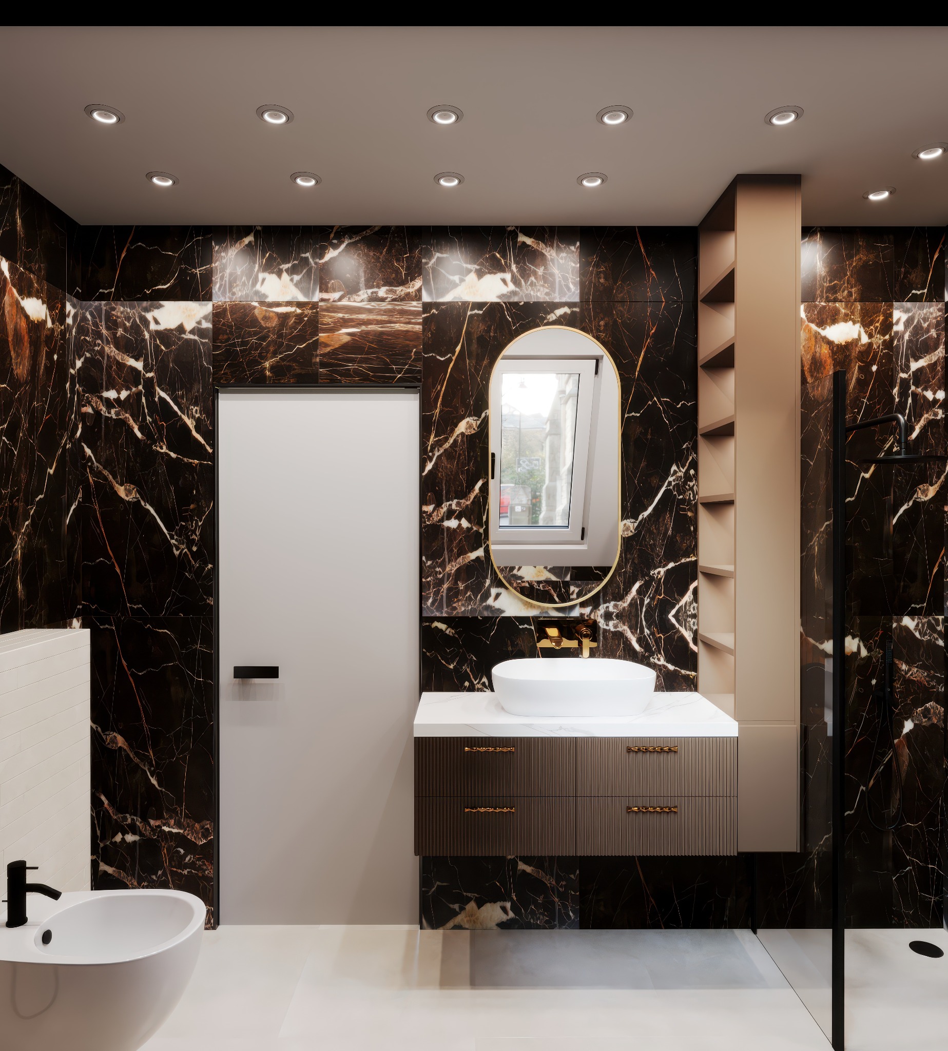 Elegancka łazienka z marmurowymi ścianami, owalnym lustrem w złotej ramie i białą umywalką nablatową na szafce z ciemnego drewna. Kabina prysznicowa ze szklanymi drzwiami.