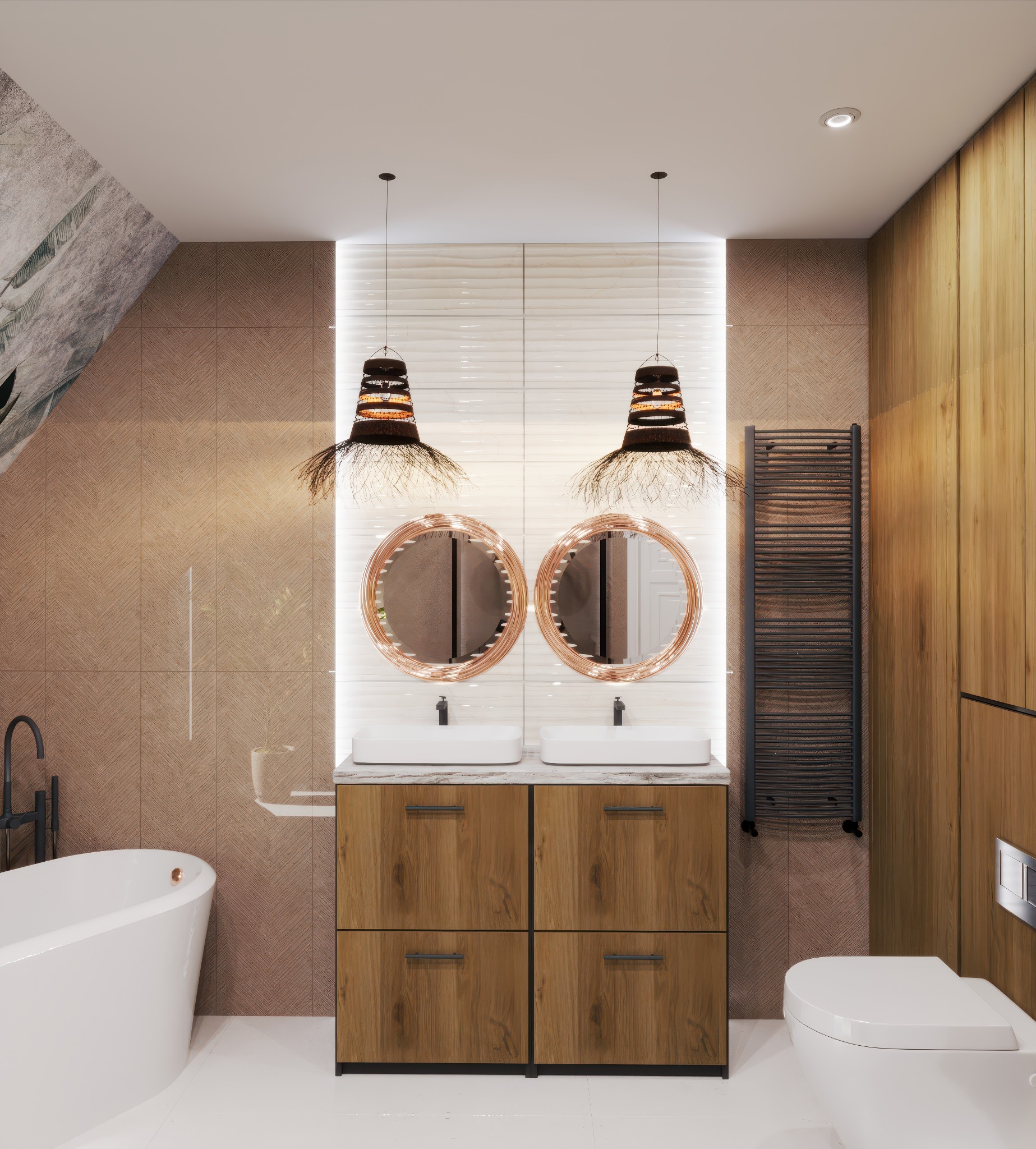 Wizualizacja łazienki z wanną, umywalką z szafką z drewnianymi frontami, dwoma okrągłymi lustrami i lampami w stylu boho. Brązowe płytki na ścianach.