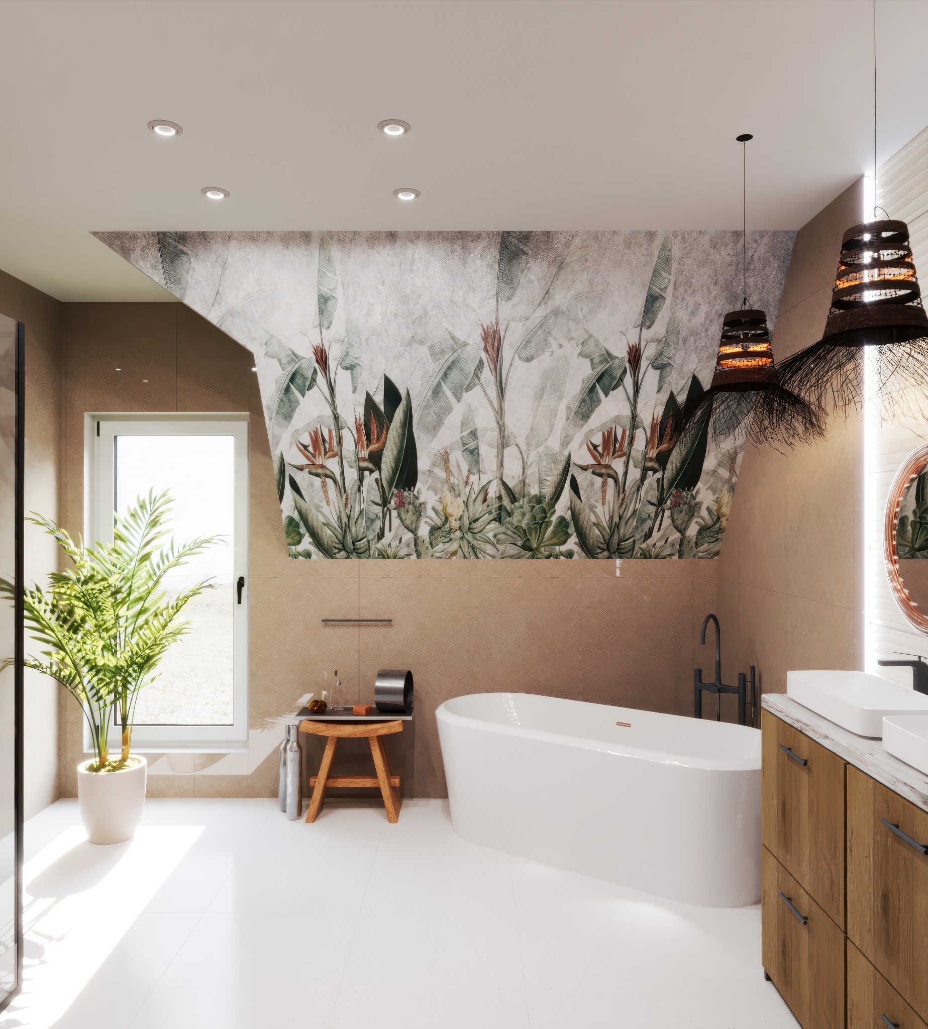 Nowoczesna łazienka na poddaszu z wolnostojącą wanną, roślinnym motywem na ścianie i drewnianą szafką pod umywalkę. Widoczny stołek i doniczka z palmą przy oknie.
