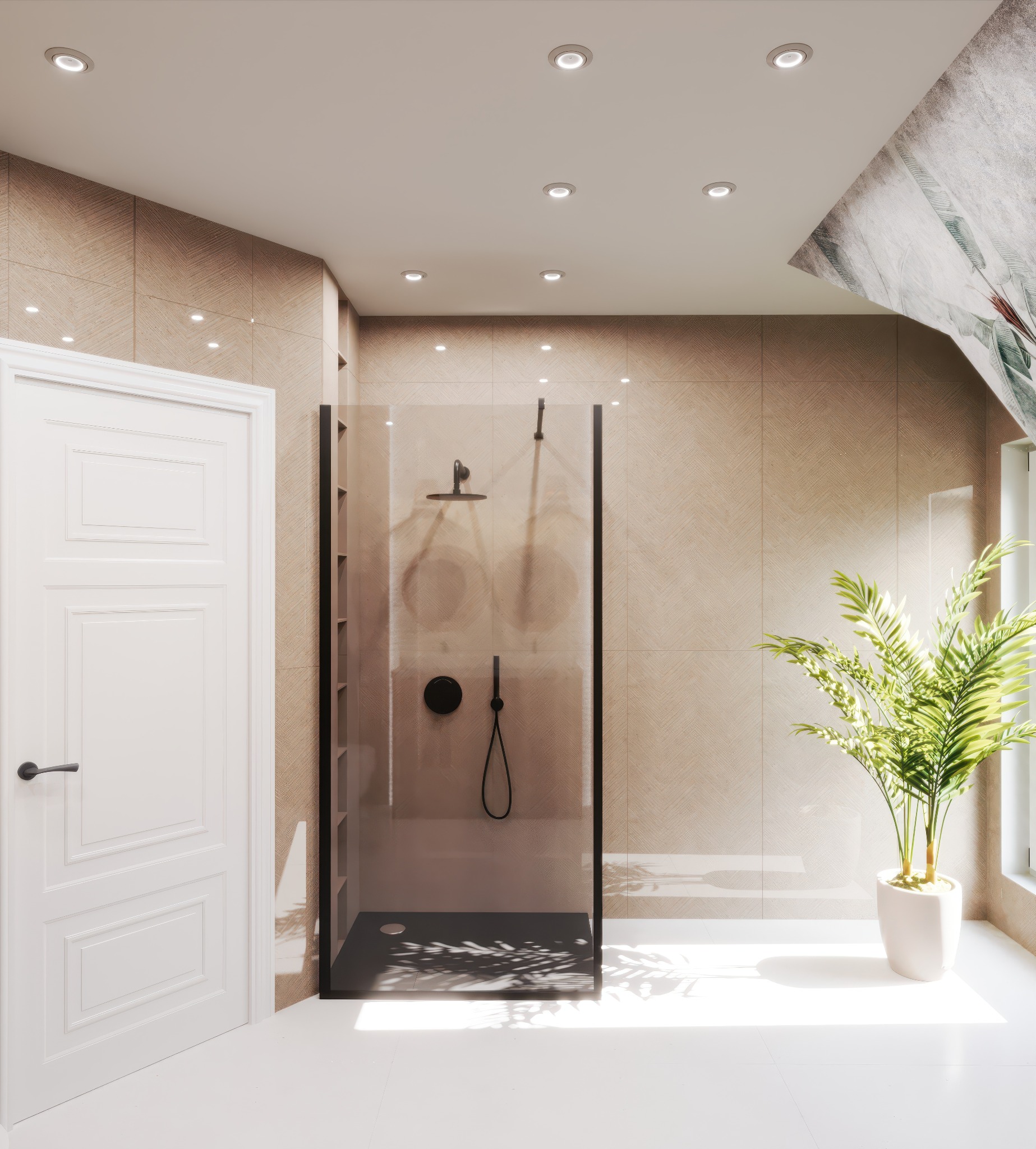 Nowoczesna łazienka z kabiną prysznicową typu walk-in, beżowe płytki na ścianach, białe drzwi i podłoga, roślina w doniczce przy oknie. Subtelne oświetlenie punktowe.
