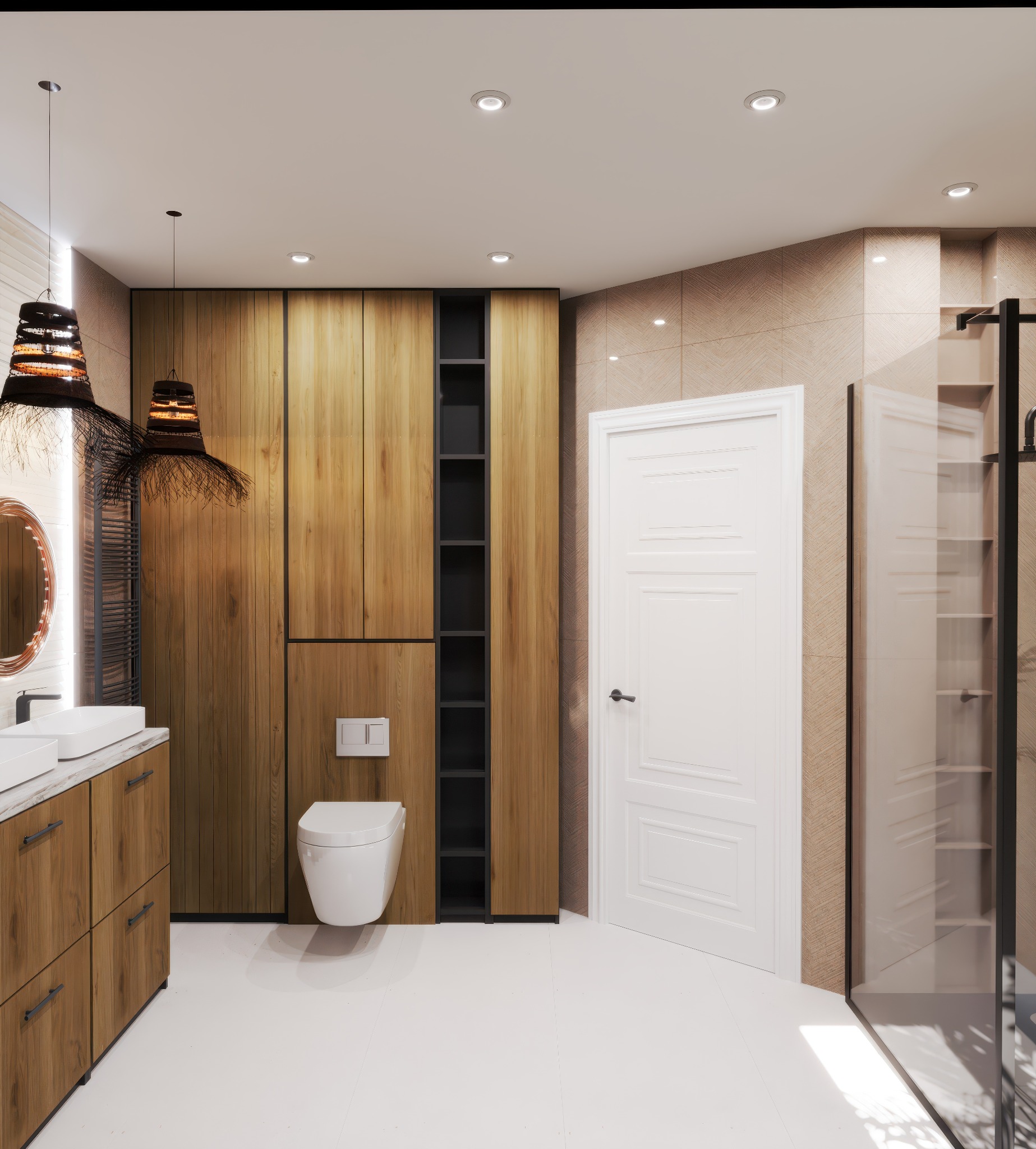 Wizualizacja łazienki z drewnianymi szafkami, umywalką i wiszącą toaletą. Uwagę przyciągają lampy z abażurami z naturalnych materiałów i kabina prysznicowa z czarnymi ramami.