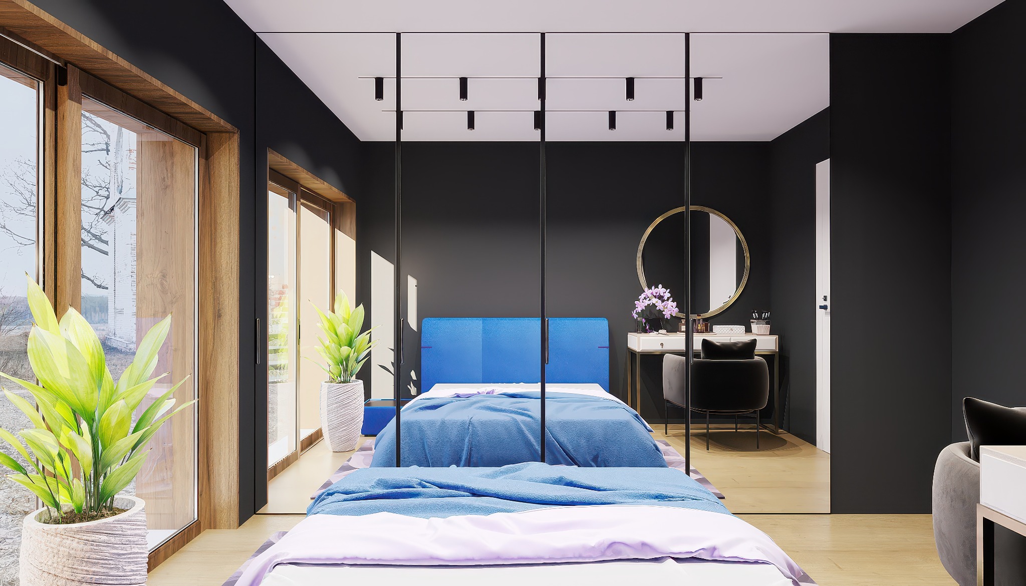 Nowoczesna sypialnia w ciemnych barwach z akcentami błękitu i drewna. Duże okna, lustra i oświetlenie punktowe tworzą przestronne, eleganckie wnętrze.