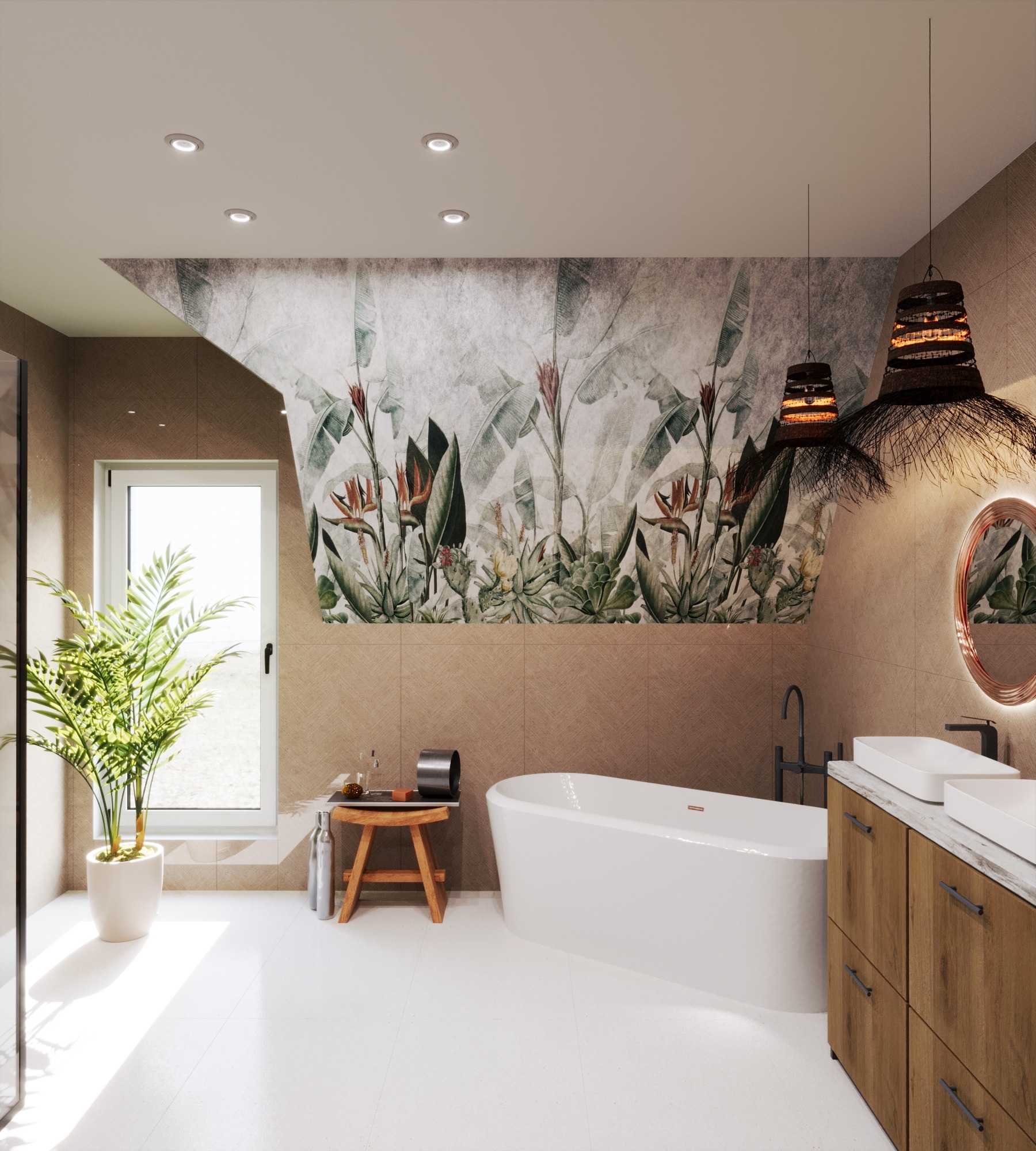 Jasna łazienka z wanną wolnostojącą, drewnianą szafką z umywalkami i egzotyczną tapetą. Oświetlenie punktowe i wiszące lampy z naturalnych materiałów.