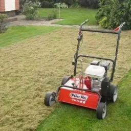 Aerator spalinowy 'Fler Mar' na trawniku, fragment trawy po aeracji z widocznym filcem, obok zielona, nietknięta część trawnika.