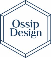 Logo firmy Ossip Design w kształcie sześciokąta, granatowy napis na białym tle.