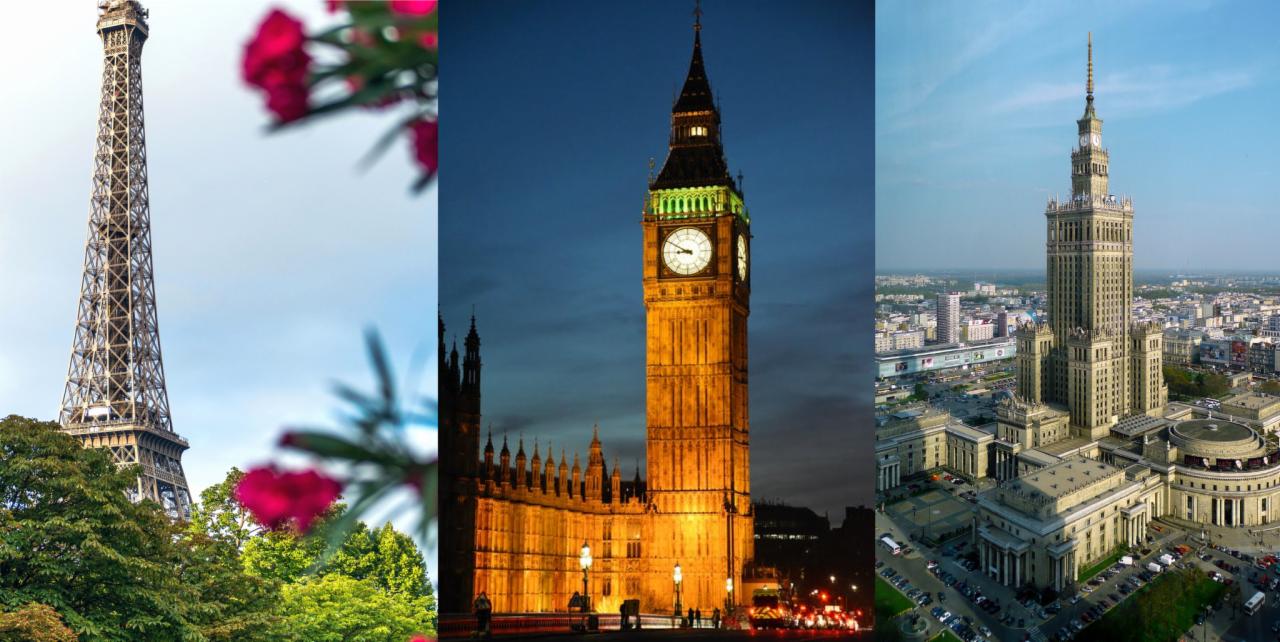 Kolaż trzech zdjęć: Wieża Eiffla w Paryżu, Big Ben w Londynie nocą i Pałac Kultury i Nauki w Warszawie w dzień.