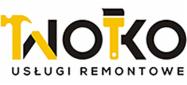 Logo firmy remontowej Twotko z użyciem ikony młotka i pędzla malarskiego w kolorze żółtym i czarnym. Napis USŁUGI REMONTOWE poniżej nazwy.