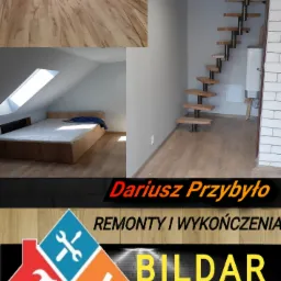 Kolaż zdjęć przedstawia: świeżo ułożone panele podłogowe w korytarzu, drewniane schody z metalowymi wspornikami w szarej ścianie, oraz sypialnię na poddaszu z oknem dachowym i drewnianą ramą łóżka.