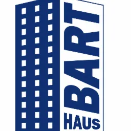 Niebieskie logo firmy Bart Haus z motywem budynku i napisem 'Tynki Maszynowe' na białym tle.