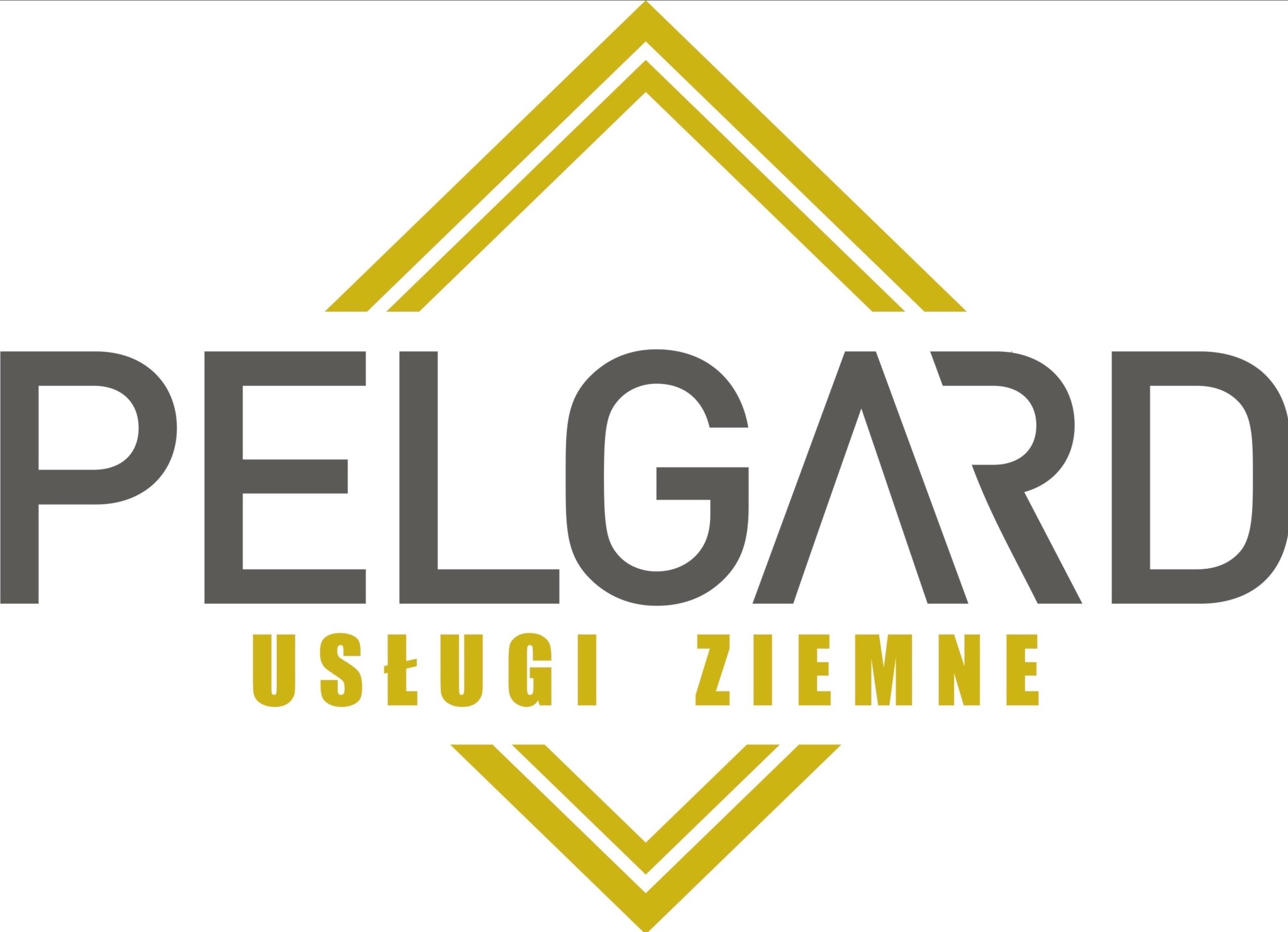 Logo firmy Pelgard Usługi Ziemne w kolorach szarym i złotym na białym tle. Grafika z nazwą firmy i hasłem w nowoczesnym stylu.