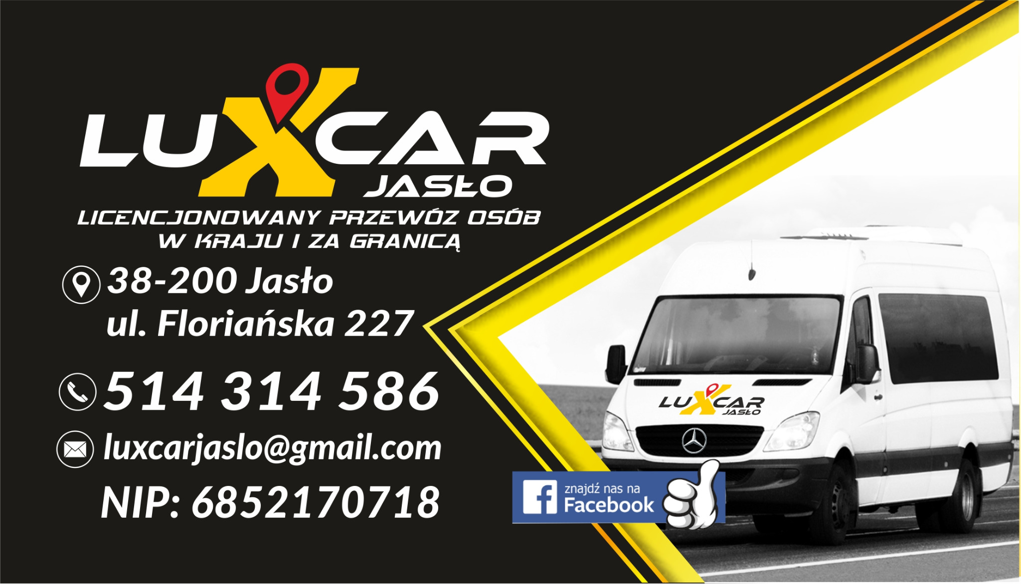 Reklama firmy LuxCar Jasło oferującej licencjonowany przewóz osób w kraju i za granicą, z adresem, numerem telefonu i informacją o obecności na Facebooku, na tle białego busa Mercedes Sprinter.