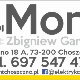 Logo firmy Mont Zbigniew Garbiak z Choszczna, przedstawiające żarówkę podłączoną do kranu, adres, numer telefonu i adres strony internetowej oraz Facebooka.