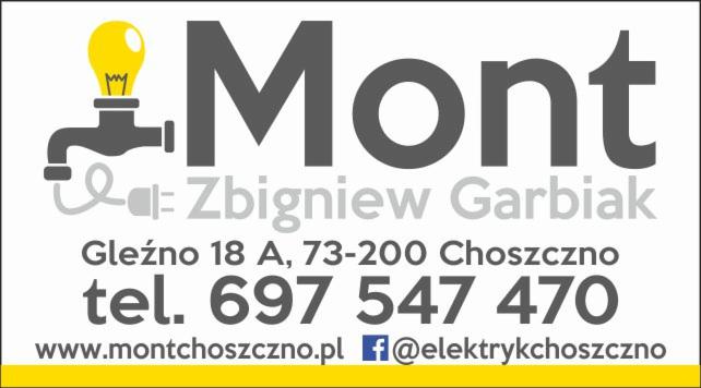 Logo firmy Mont Zbigniew Garbiak z Choszczna, przedstawiające żarówkę podłączoną do kranu, adres, numer telefonu i adres strony internetowej oraz Facebooka.