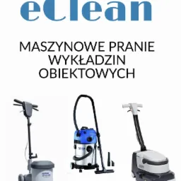 Grafika reklamowa z logo eClean, hasłem 'Maszynowe pranie wykładzin obiektowych' oraz trzema różnymi modelami maszyn do czyszczenia wykładzin, w tym odkurzacz przemysłowy Nilfisk i szorowarka dyskowa.
