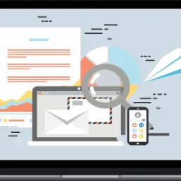 Ilustracja przedstawiająca laptopa z ikoną wiadomości e-mail na ekranie, obok smartfon z ikonami aplikacji, lupa, wykres kołowy, dokument tekstowy i papierowy samolot.