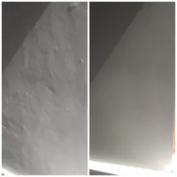 Dwie ściany w trakcie szpachlowania: po lewej nierówna powierzchnia, po prawej gładka, oświetlone ukośnym światłem.