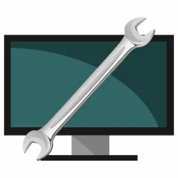 Stylizowana grafika: srebrny klucz płaski na tle wyłączonego monitora komputerowego z ciemnym ekranem.