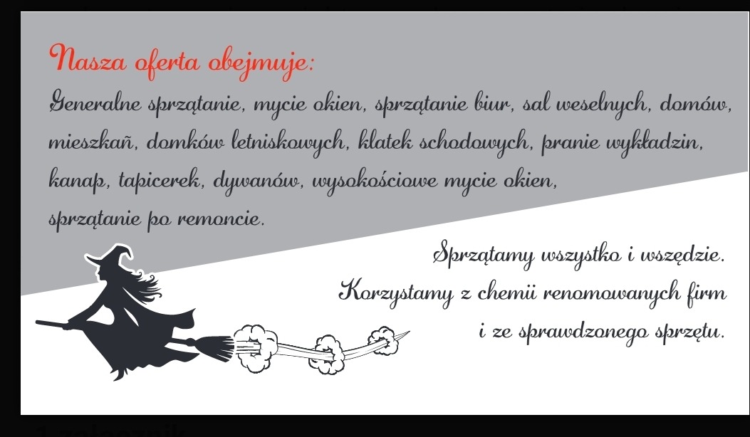 Grafika reklamowa firmy sprzątającej: tekst z ofertą, sylwetka czarownicy na miotle z efektem czyszczenia.
