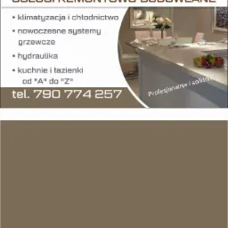 Reklama usług remontowo-budowlanych z ofertą klimatyzacji, hydrauliki i nowoczesnych systemów grzewczych, numer telefonu oraz hasło 'Profesjonalnie i solidnie!'