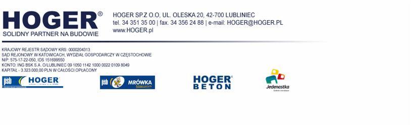 Dokument firmowy HOGER z adresem, numerami telefonów, adresem e-mail, adresem strony internetowej oraz logotypami HOGER, PSB, MRÓWKA, HOGER BETON i Jedenastka.