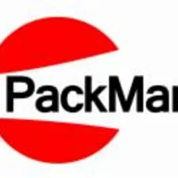 Logo firmy PackMan na białym tle, z czerwonym okręgiem przeciętym ukośnie, tworzącym dynamiczny kształt.