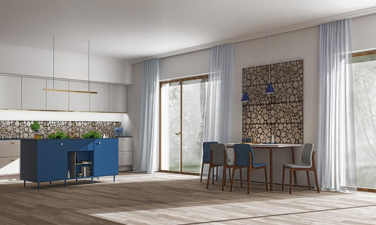 Jasna kuchnia z niebieską wyspą i drewnianym panelem ściennym, oświetlona naturalnym światłem wpadającym przez okno balkonowe z białymi zasłonami.