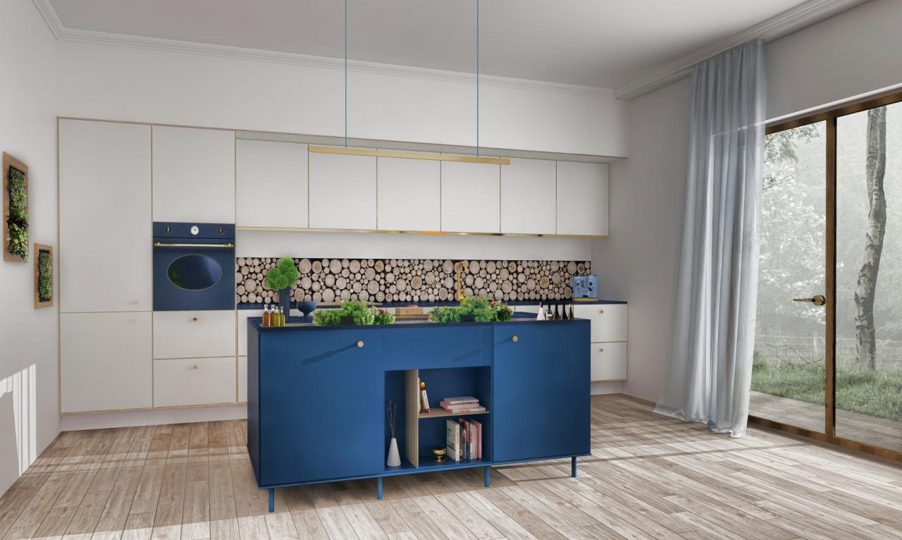Nowoczesna kuchnia z białymi szafkami, niebieską wyspą z roślinami i blatem z motywem drewna, jasne drewniane podłogi, okno z widokiem na zewnątrz.