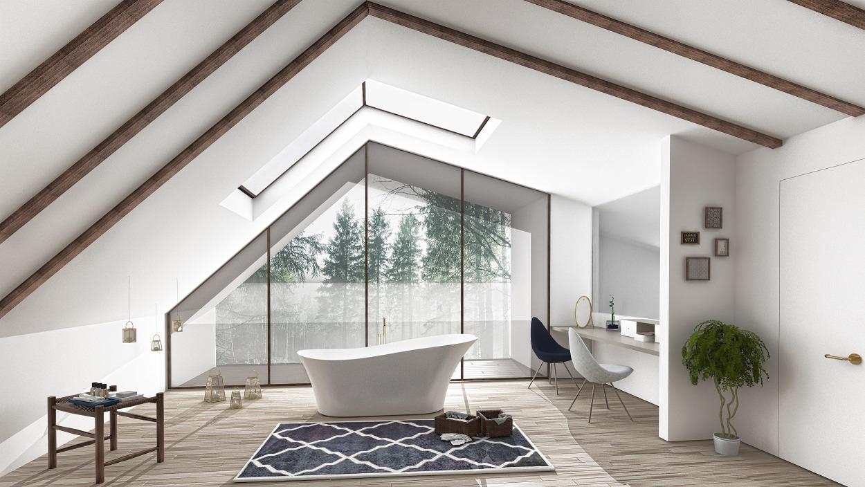 Jasna łazienka na poddaszu z drewnianymi belkami stropowymi, wolnostojąca wanna pod oknem z widokiem na las, stolik z kosmetykami i dywan w geometryczny wzór.
