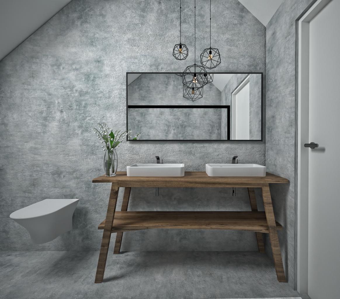 Minimalistyczna łazienka z podwójną umywalką nablatową na drewnianym blacie, wisząca toaleta, betonowa ściana i geometryczne lampy wiszące.