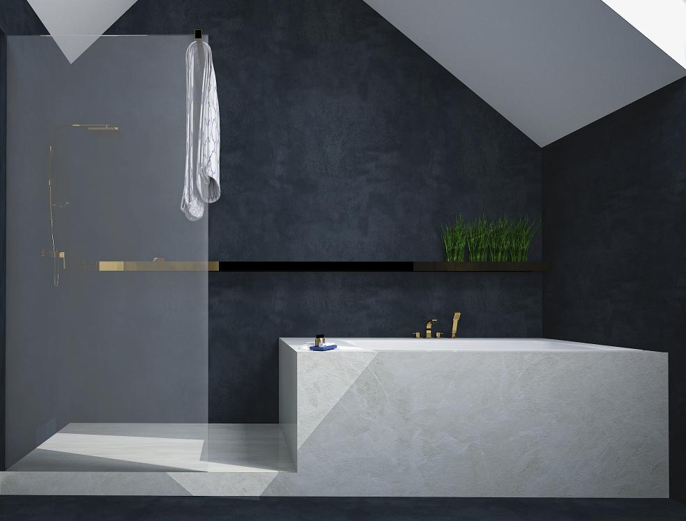 Minimalistyczna łazienka z kabiną prysznicową ze złotymi akcentami, wanną obłożoną marmurem, ciemnoszarymi ścianami i zielonymi roślinami na półce.