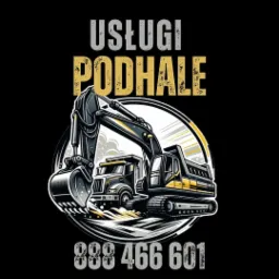 Grafika z ilustracją koparki i wywrotki, napis 'Usługi Podhale' oraz numer telefonu, prezentująca ofertę firmy z Podwilka.