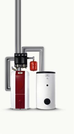 Nowoczesny piec centralnego ogrzewania z czerwonym panelem i biały zasobnik ciepłej wody użytkowej na tle instalacji grzewczej.