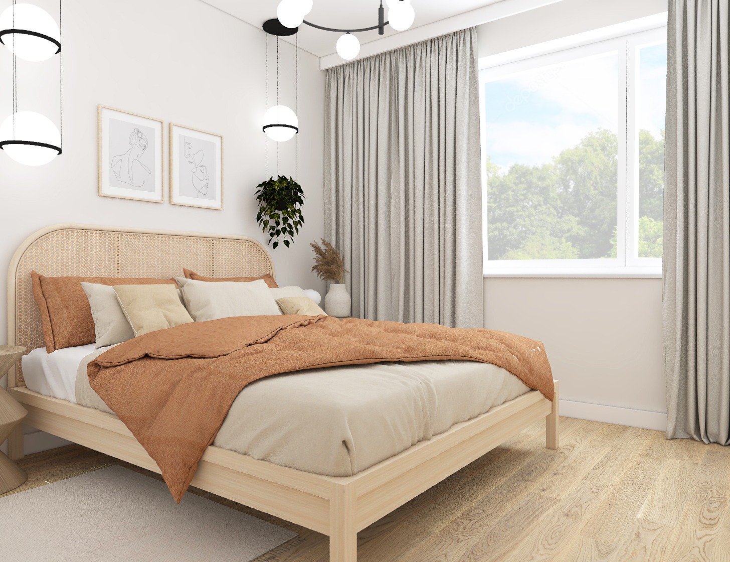 Jasna sypialnia z rattanowym zagłówkiem, łóżkiem w odcieniach beżu i pomarańczy, minimalistycznymi grafikami na ścianie oraz wiszącą rośliną w doniczce.
