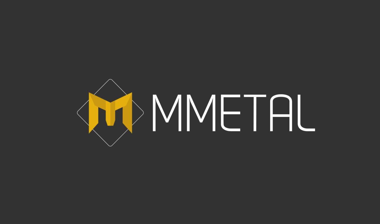 Logo firmy MMETAL z geometrycznym symbolem w kolorze złotym i białą nazwą na ciemnoszarym tle.