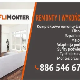 Folder reklamowy firmy FLIMONTER prezentujący wnętrze salonu z telewizorem na ścianie obłożonej ciemnym kamieniem oraz ofertę usług remontowych i numer telefonu.