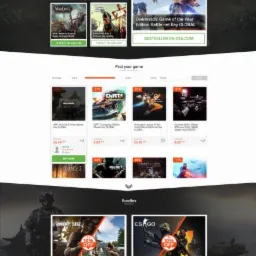 Fragment strony internetowej G2A z ofertami gier, promocjami i bestsellerami, widoczne elementy interfejsu użytkownika i grafiki gier.