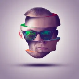 Rozczłonkowana głowa mężczyzny w okularach przeciwsłonecznych, z kolorowymi obwódkami, unosząca się na fioletowym tle.