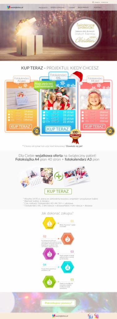 Strona internetowa z ofertą świątecznych fotokalendarzy i fotoksiążek, prezentująca przykładowe projekty z rodzinami i dziećmi na tle choinki, zachęcająca do zakupu i projektowania online.